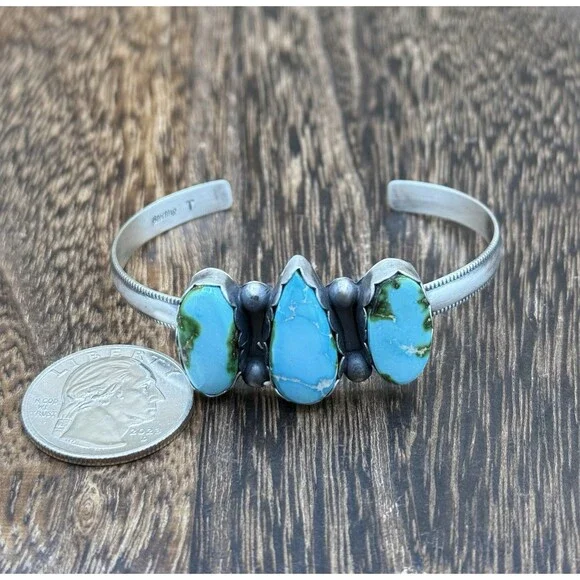 Navajo Handmade Sterling Silver Sonoran Gold Turquoise Stacker Cuff Bracelet - Picture 2 of 4